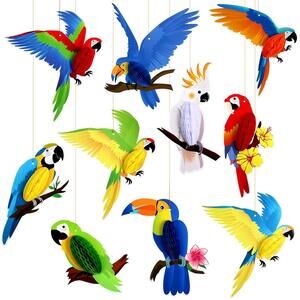 10 Pieces Tropical Birds Honeycomb Paper Cutouts, Parrot Honeycomb